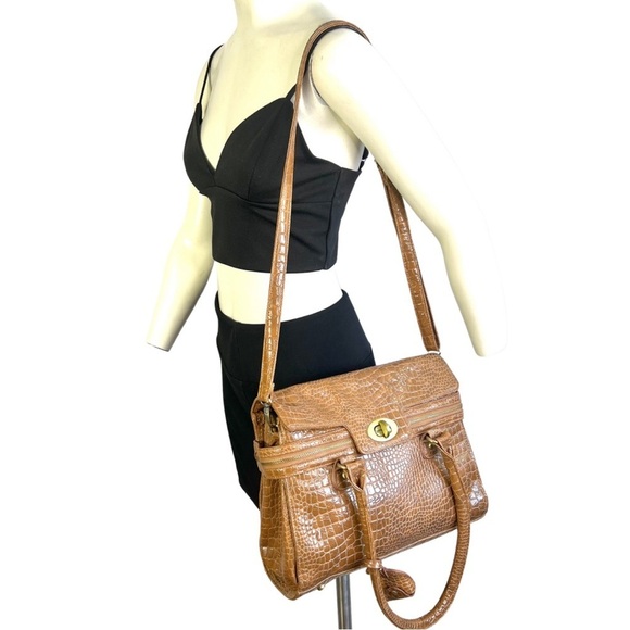 BOSALINA BROWN CROCODILE EMBOSSED BAG FAUX  LEATHER HANDBAG GOLD HARDWARE - Picture 1 of 16